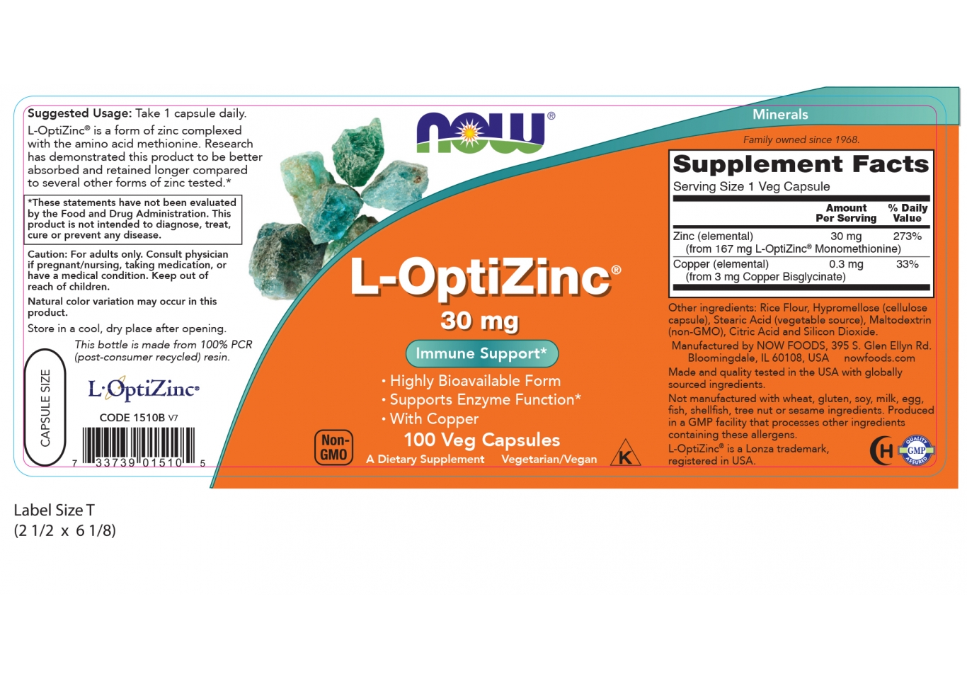 thumbnail image 2 of Now Foods L-OptiZinc 100 Veg Caps – 30 Mg Zinc Supplement 2 of 3